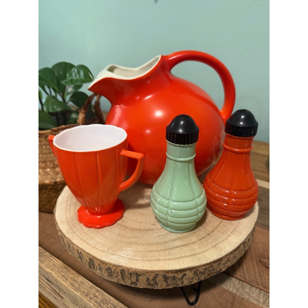 Vintage Mid Century Hall China Red Ball Pitcher & Grenade Shakers Set Retro MCM